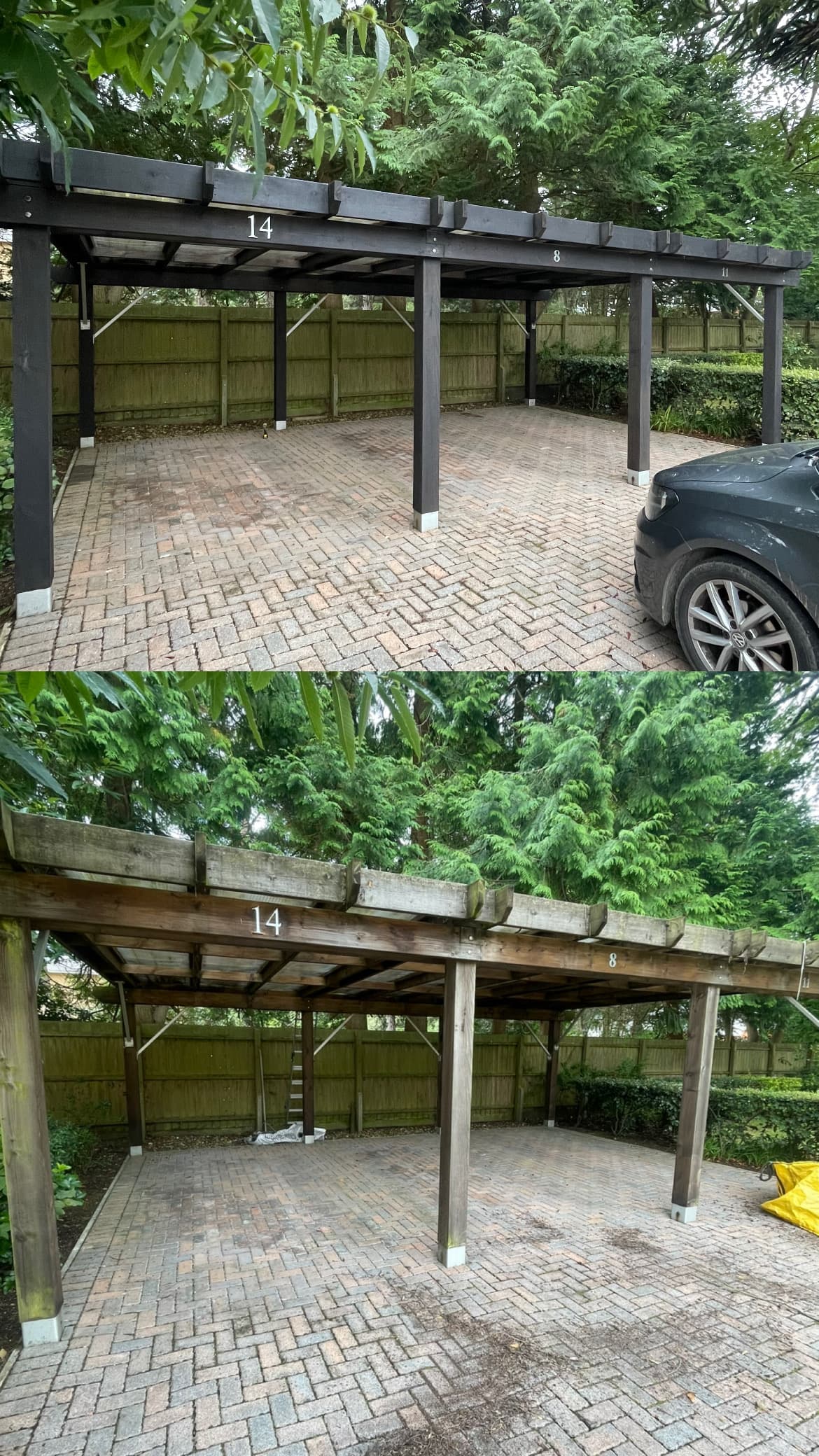 Car port after refurbishment, showing the finished dark timber structure