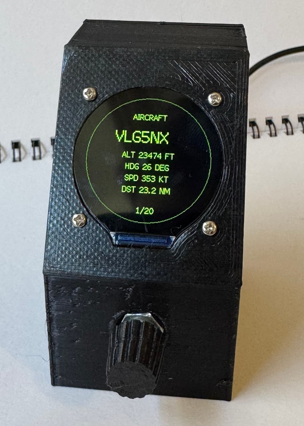 Completed Flight Tracker showing an aircraft information screen with altitude, heading, speed and distance