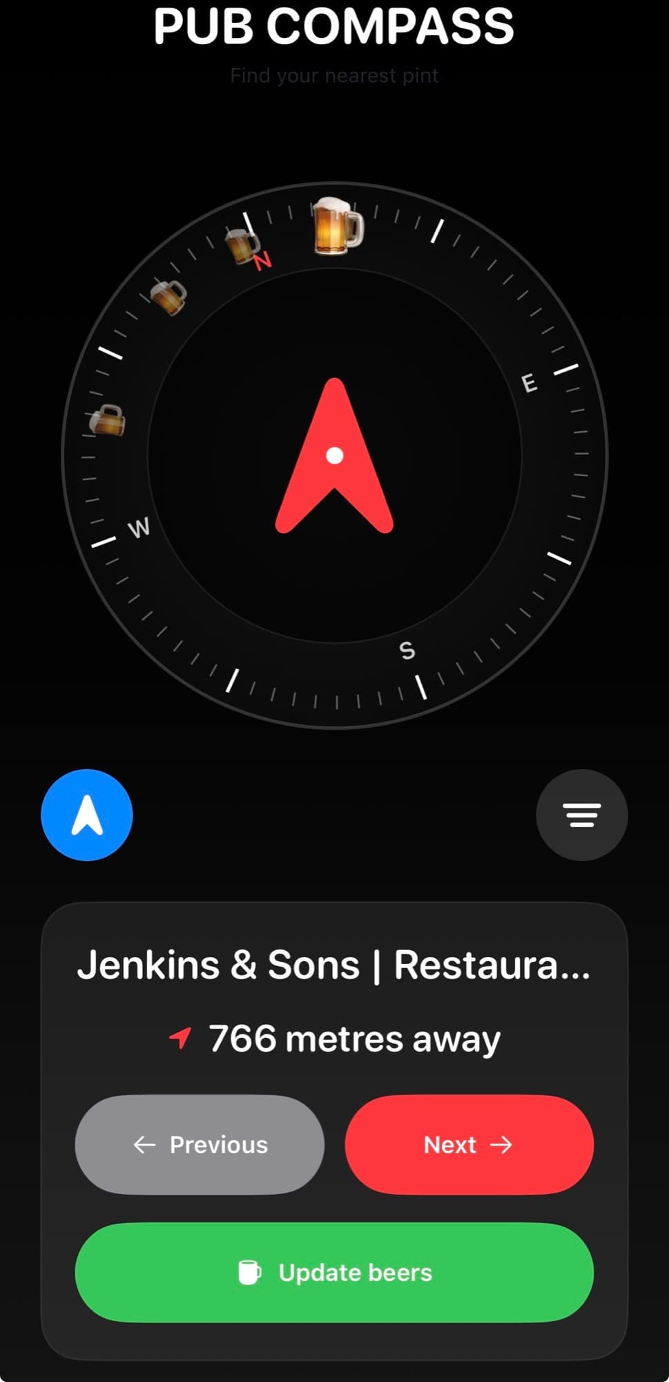 Pub Compass iOS app nearby pubs screen mockup