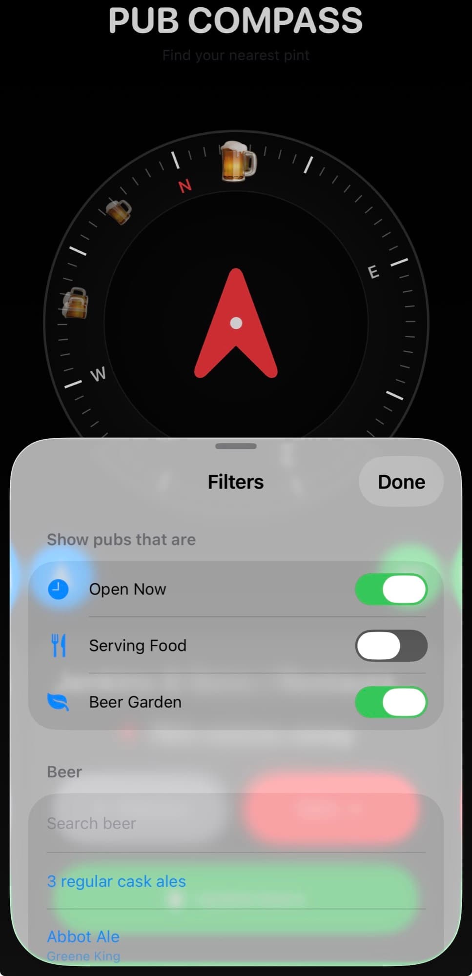Pub Compass iOS app filters and pub preferences screen