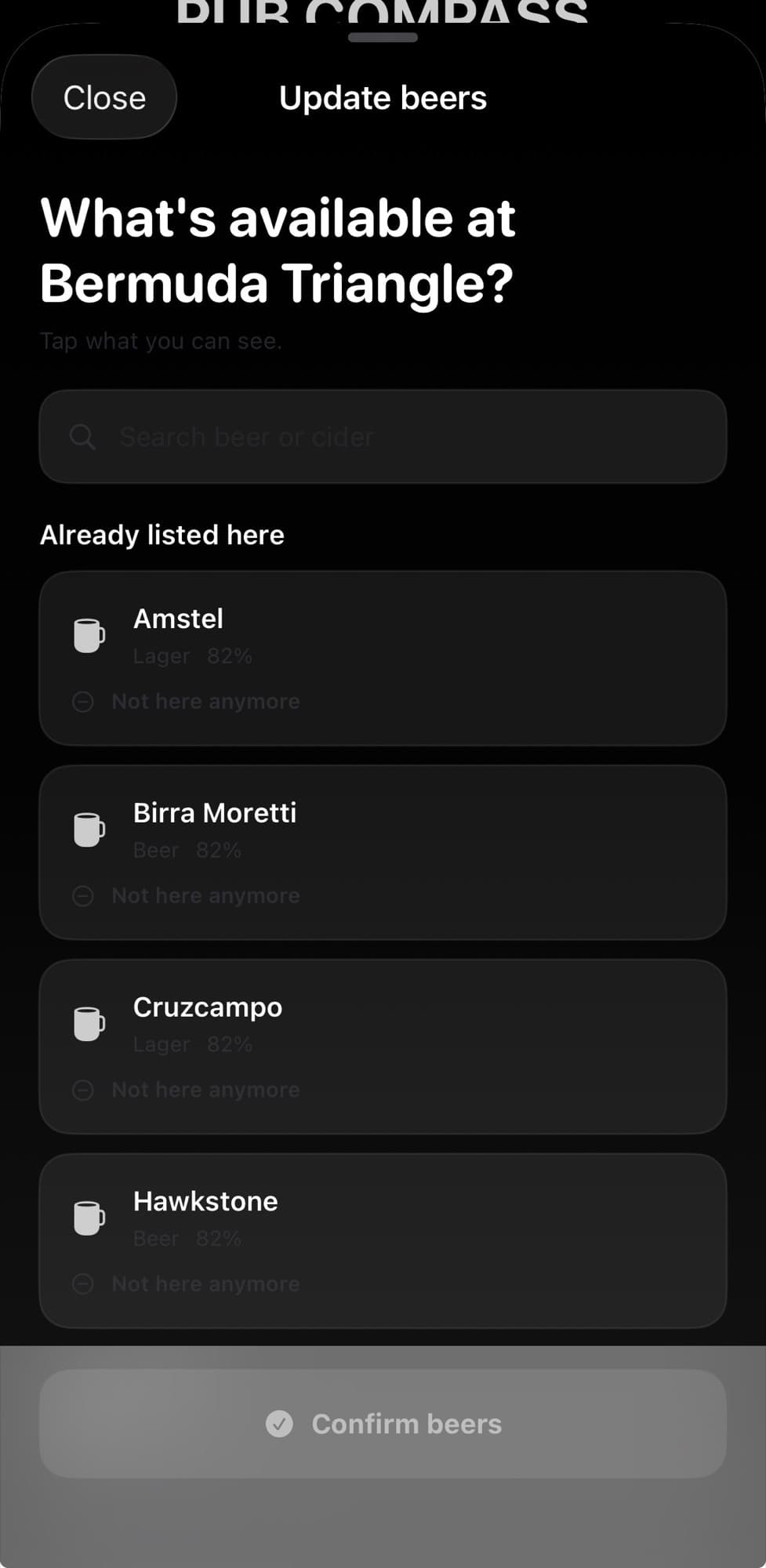 Pub Compass iOS app drink availability interface